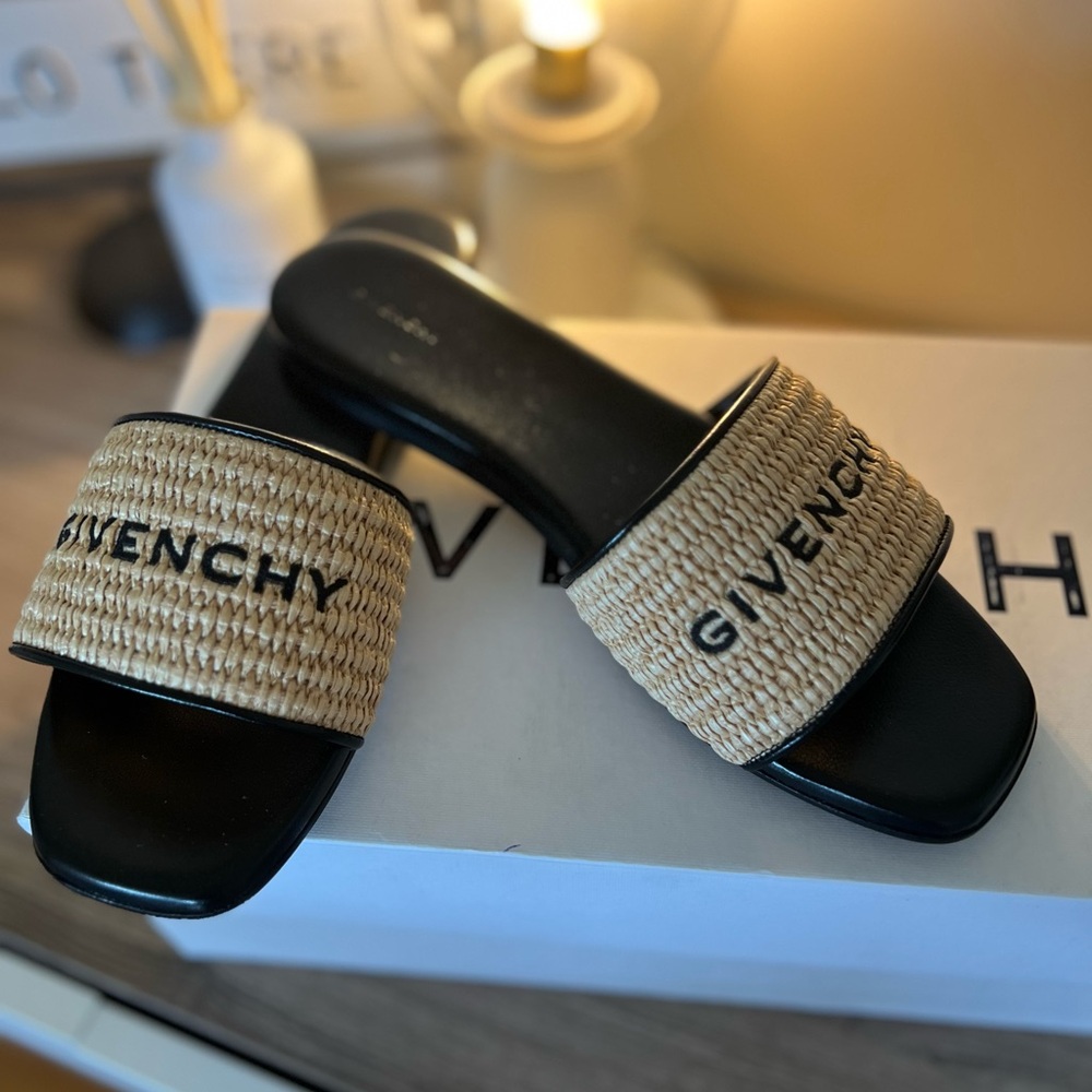 Givenchy Black and Tan Woven Slide Sandals